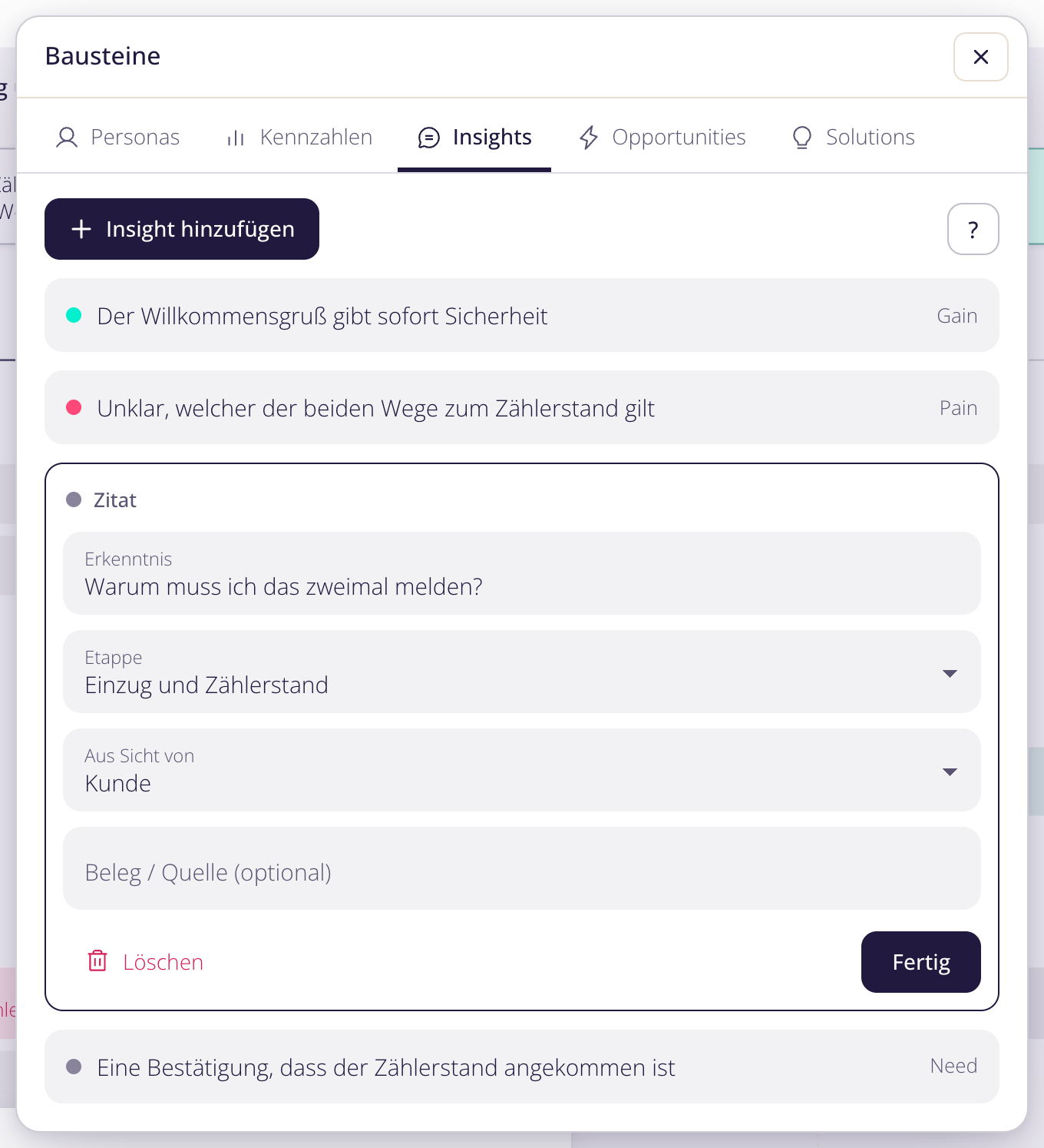 Ein aufgeklappter Insight: Art (Zitat) als Kennzeichen, Erkenntnis, Etappe, Sicht, Beleg.