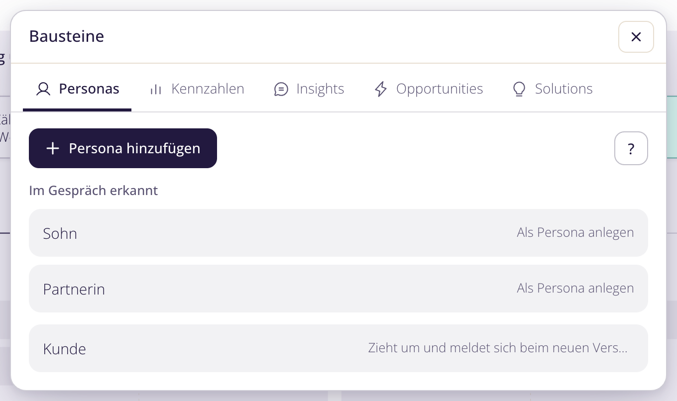 Reiter Personas: Im Gespräch erkannte Beteiligte lassen sich mit einem Tipp als Persona anlegen.