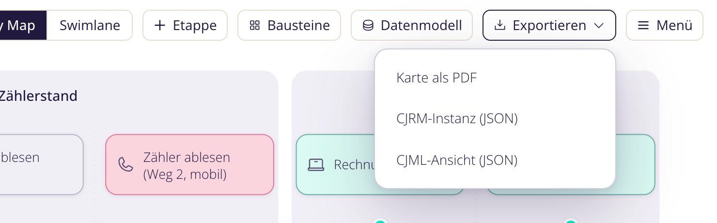 Das Menü Exportieren mit den drei Ausgaben.