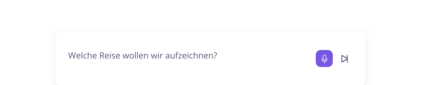 Das Interview-Panel am unteren Rand mit der ersten Frage. Antworten per Mikrofon oder Tastatur, mit Überspringen und Weiter.