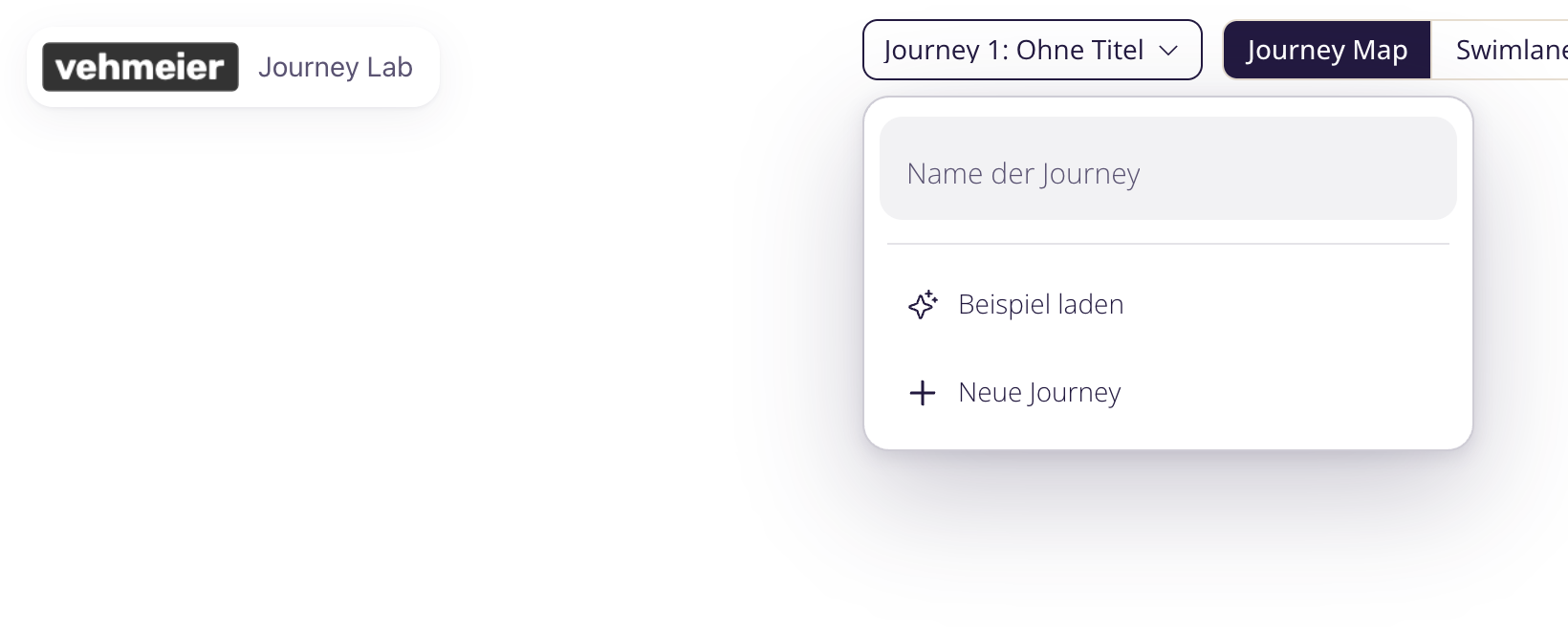 Die Journey-Auswahl: Name ändern, Beispiel laden oder eine neue Journey beginnen.