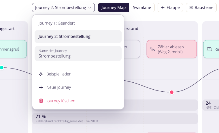 Die Journey-Auswahl mit mehreren Journeys.